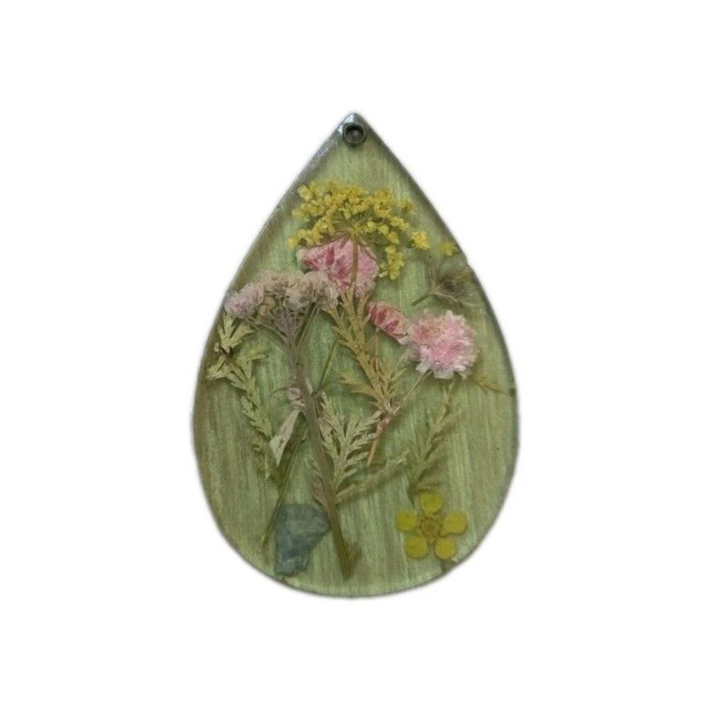 Real Pressed Wildflower Resin Pendant Green Teardrop Pink Yellow Floral Boho